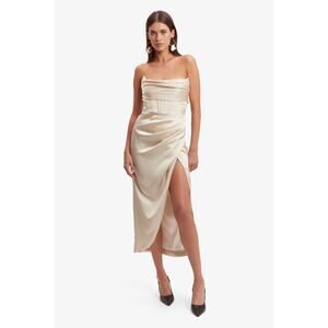 Bardot Elio Draped Satin Strapless Corset Midi Cocktail Party Dress Gold Ivory 6